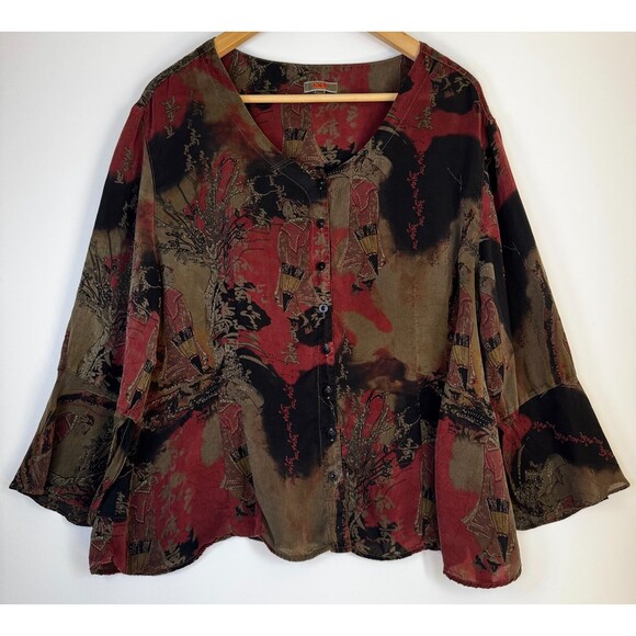 Tianello Lisa Blouse XL Rayon Olive Red Black Art Print Bell Sleeve USA - Picture 1 of 16
